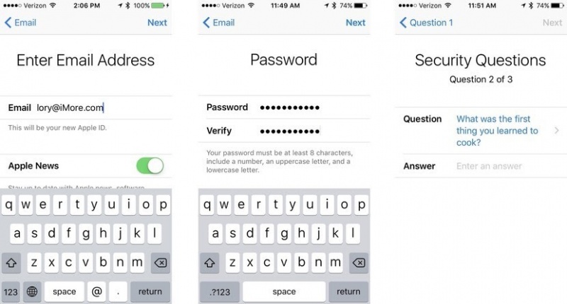 Tạo mật khẩu và câu hỏi bảo mật của tài khoản ID Apple mới